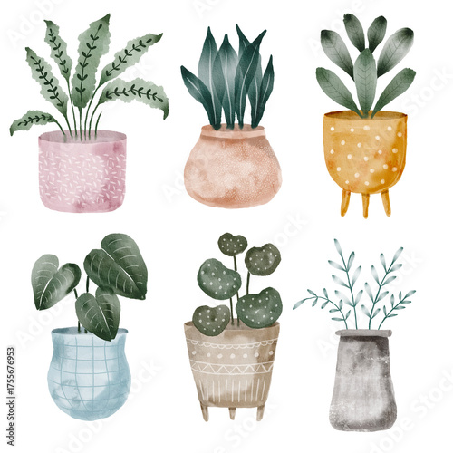 Boho Watercolor Potted Plants Isolated Elements Set
