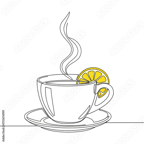 A steaming cup of tea, adorned with a vibrant lemon slice, is depicted in a continuous line drawing, isolated on white background a refreshing and minimalist design