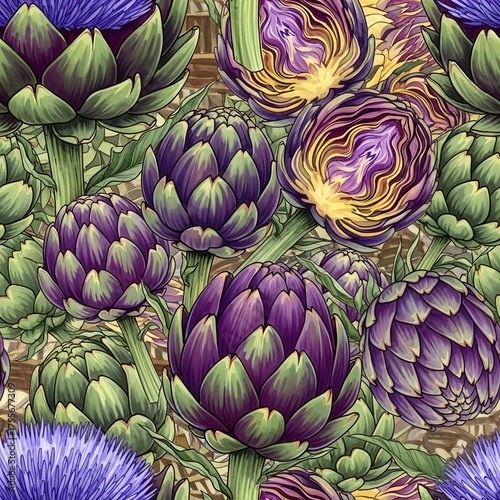 Vibrant Artichoke Blossom Pattern Botanical Elegance in Illustration
