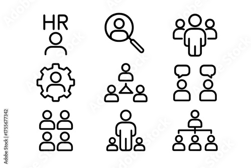 HR management and recruitment process icons representing key activities in human resources