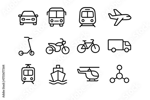 Various modes of transportation including cars, buses, and bicycles arranged in a grid format