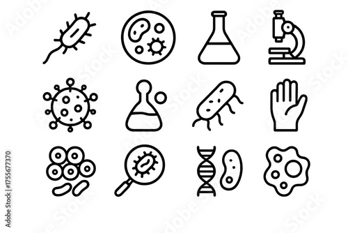 Science icons featuring bacteria, viruses, and laboratory equipment against a plain background