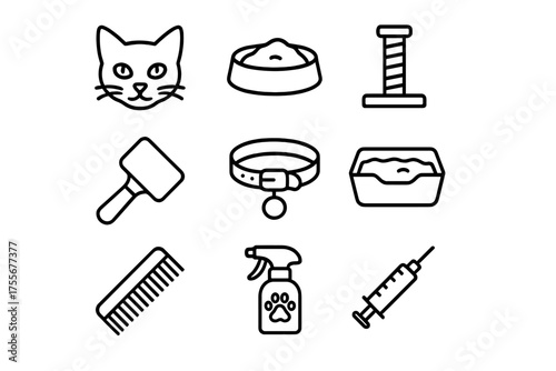 Cat care essentials including food, grooming tools, and health items for pet owners