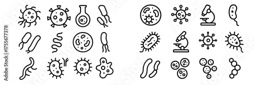 Collection of various microbiological icons including bacteria, viruses, and laboratory equipment in a clean design