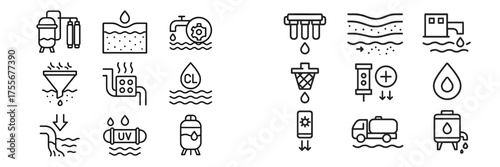 Various water treatment icons depicting processes and equipment used for purification and filtration in different environments