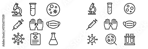Collection of scientific symbols representing health, research, and medicine related to microbiology and vaccination efforts