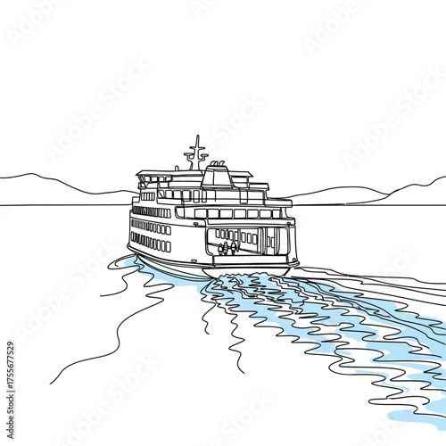 A majestic ferry gracefully glides across the water, captured in a continuous line drawing, isolated on white background a scenic and minimalist representation