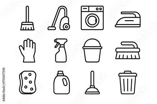 Cleaning tools and equipment arranged in a tidy layout for household chores and maintenance tasks