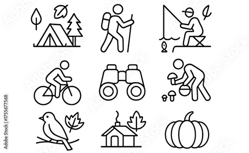 Outdoor activities in nature showcasing camping, hiking, fishing, biking, birdwatching, mushroom picking, and seasonal autumn elements