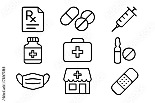 Health care symbols showcasing medical prescriptions, equipment, and supplies in a simple graphic layout