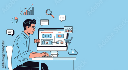 Man Analyzing Business Data On Computer Screen Cartoon Illustration