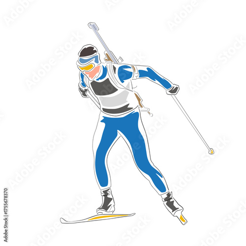 Biathlon racer, isolated vector drawing. Flat design illustration of biathlon skier. Winter sports, front view