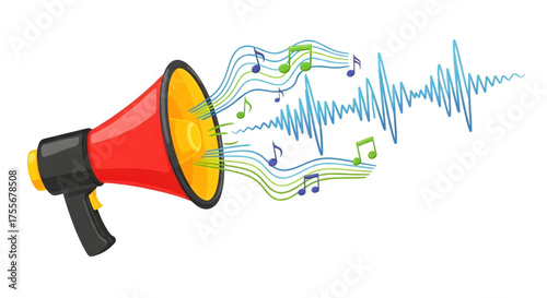 A cartoon megaphone broadcasting music notes and sound waves for an announcement or audio concept.
