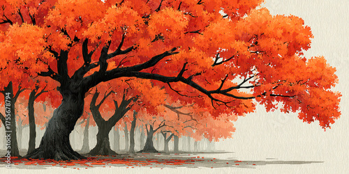 Stunning Autumn Forest Landscape with Vibrant Orange Maple Trees Digital Painting