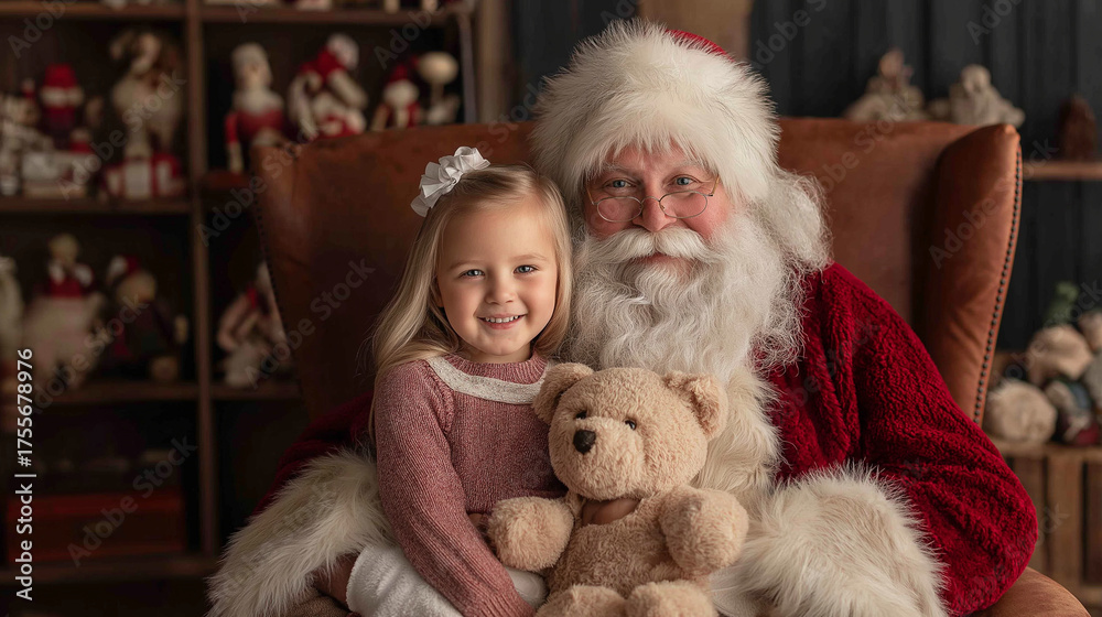 Obraz premium Joyful Christmas moment with Santa Claus and a little girl holding a teddy bear, sharing smiles and holiday warmth in a cozy festive setting. Perfect symbol of childhood happiness and Christmas spirit