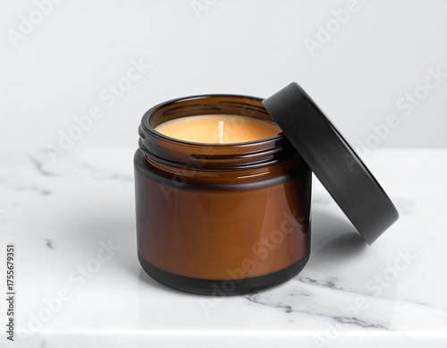 Amber jar candle with black lid, sits on marble