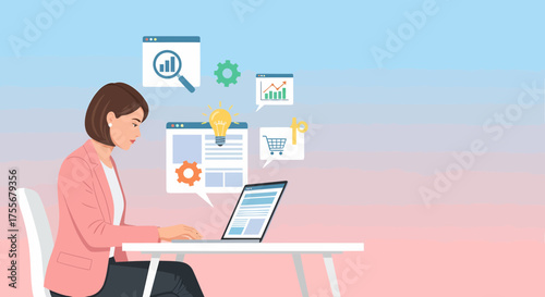 Woman Analyzing Online Data, Statistics, Ideas, and E-Commerce on Laptop