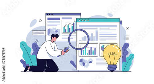 Analyzing data and discovering new insights with a magnifying glass revealing growth opportunities.