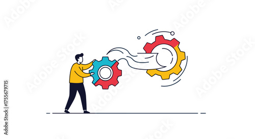 A person connecting gears to represent collaboration and workflow management.