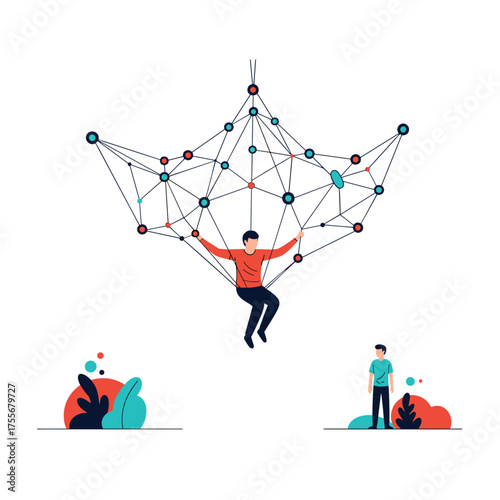 A man is suspended in a vast digital network supported by a web of interconnected nodes and lines.