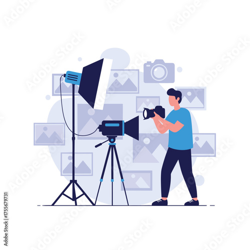 A photographer is taking pictures in a studio with lighting equipment and multiple images on the wall.