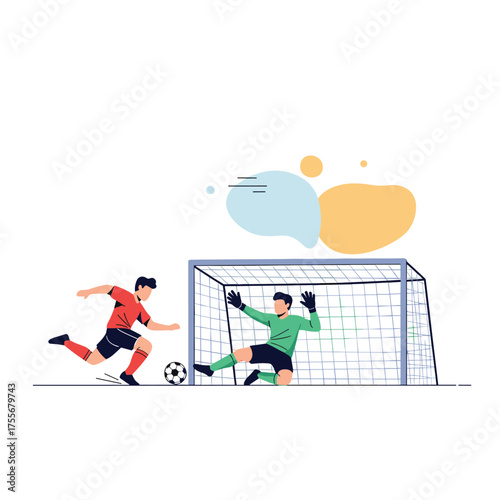 A soccer player is kicking the ball towards the goal while the goalie is trying to save it.