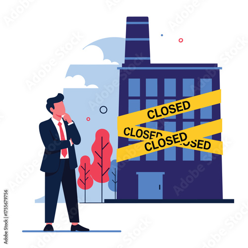 A businessman contemplates a factory that has been closed and cordoned off with yellow tape indicating its closure.