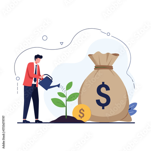 A businessman waters a growing plant next to a money bag and a coin symbolizing financial growth and investment strategies.