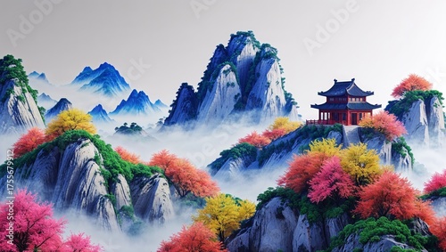 Chinese landscape painting with vibrant colors and traditional architecture in a serene atmosphere
