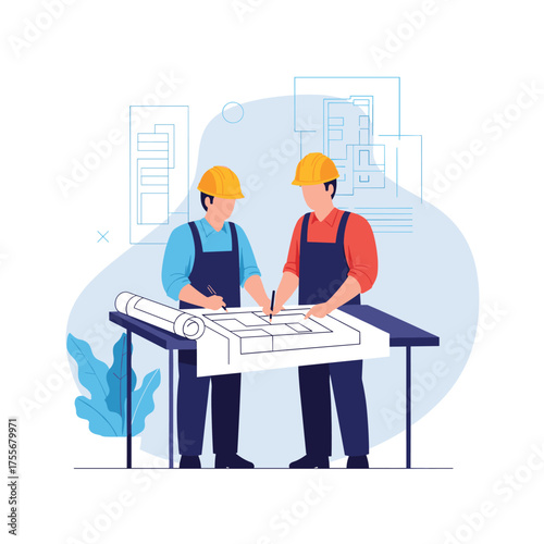 Two construction workers in helmets and overalls reviewing architectural blueprints together on a table.