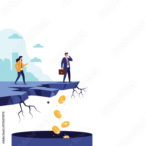 Business people facing financial crisis with money falling into a hole.