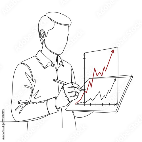 Business man analyzing chart in continuous line drawing isolated on white background financial analyst with graph in one line art style investment and growth
