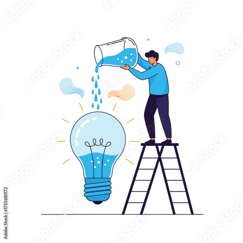 A man pouring liquid into a lightbulb with ideas floating around.