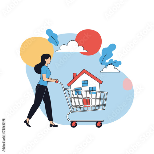 Person pushing a shopping cart filled with a house and clouds.