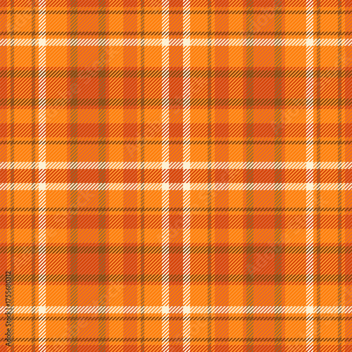 Path check textile plaid, grungy pattern texture fabric. Spanish tartan vector background seamless in orange and bright colors.