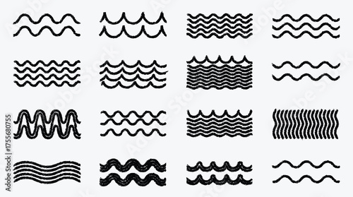 Collection of varied hand drawn wave illustrations in black and white
