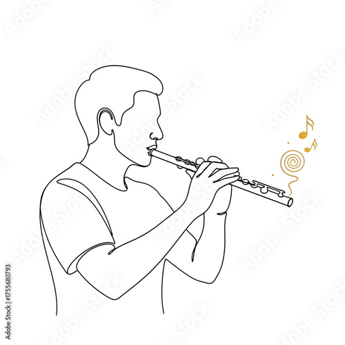 A man playing the flute isolated on white background, drawn with a single continuous line, creating a minimalist and elegant representation of musical expression