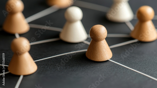 Network connection wooden pawn on black surface linked by white lines conveying teamwork collaboration communication and remote work concept with shallow depth of field