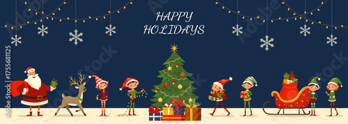 Winter banner with Santa Claus, elves, deer and presents Vector templates with fun characters Cute kids design for print, party invitation, flyer, banner. Merry Christmas, Happy holidays 2026 cover