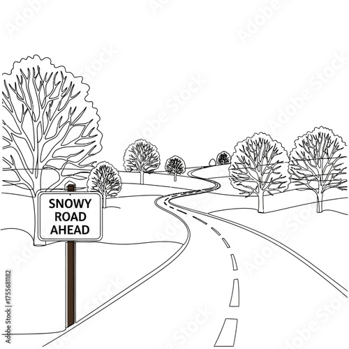 A snowy road ahead sign on a winding road with trees, isolated on white background a simple black and white drawing of a winter scene with a warning sign