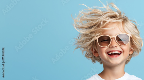 Smiling child with blonde hair wearing sunglasses and white shirt on blue background, playful joyful expression, windblown hair, studio portrait, bright minimal lighting