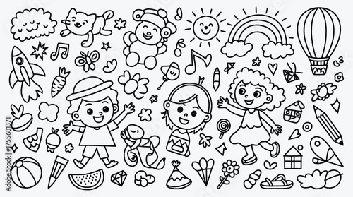Cute doodle art illustration featuring children animals and various objects