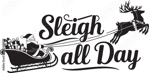 Santa Claus is flying in sleigh with Christmas reindeer. Silhouette of Santa Claus, sleigh with Christmas presents and reindeer editable file.