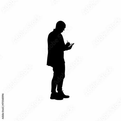 Silhouette of recovering patient writing a letter of forgiveness isolated on white background