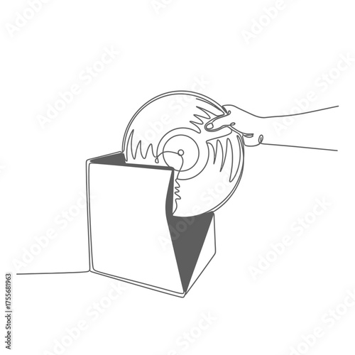 A vinyl record being placed into its sleeve, illustrated in a continuous line drawing style, capturing the essence of music culture, isolated on white background