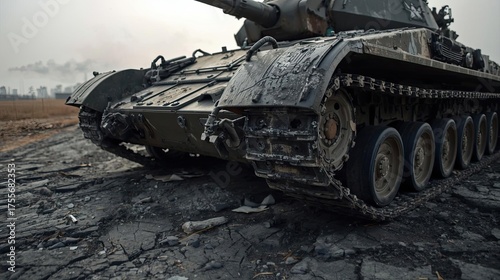 Military tank maneuvering in war-torn landscape action shot desolate environment close-up view