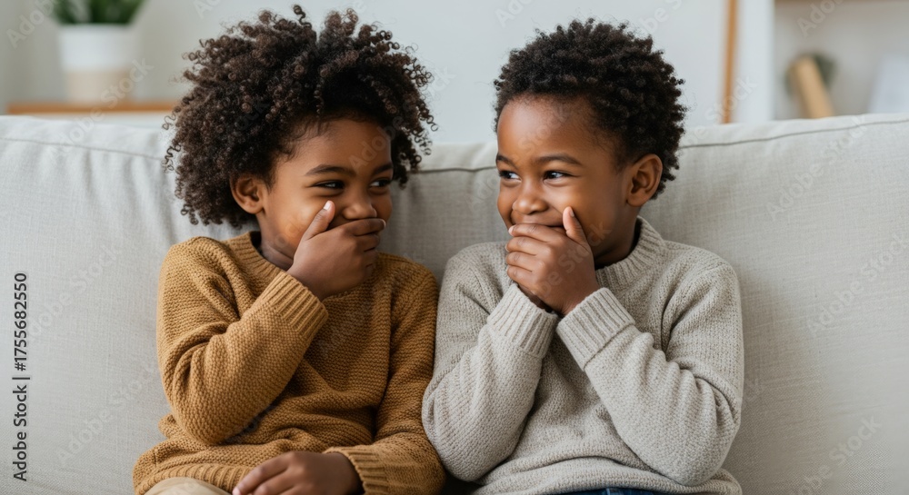 Obraz premium Two cheerful kids sitting on sofa laughing together
