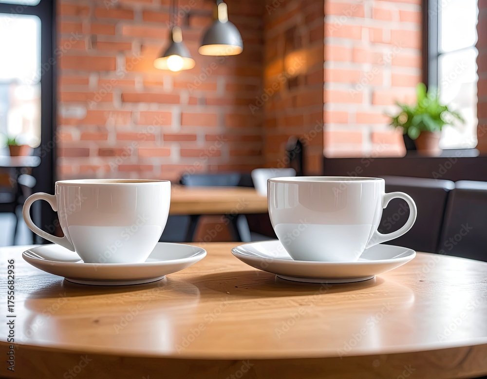 Obraz premium Two cups sit on a cafe table with brick backdrop