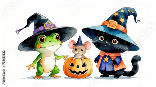 Illustrative watercolor of a frog, mouse, and cat celebrating Halloween in a whimsical cartoon style