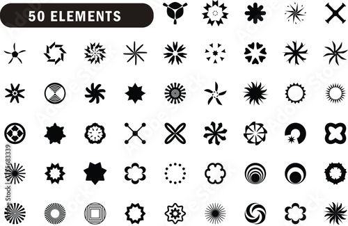 Abstract geometric shape set. Shapes, patterns, flowers, spirals, design, symmetry and more